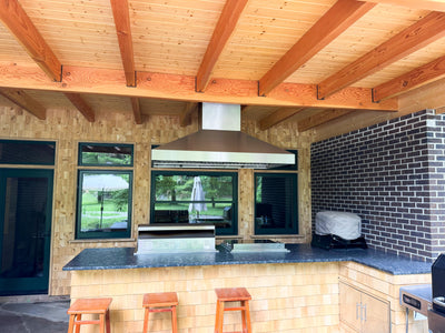 Customer kitchen with the BBQ Island Range hood, 2000 CFM, Thick 304 Stainless Steel | PLGI BBQ Ultra Island