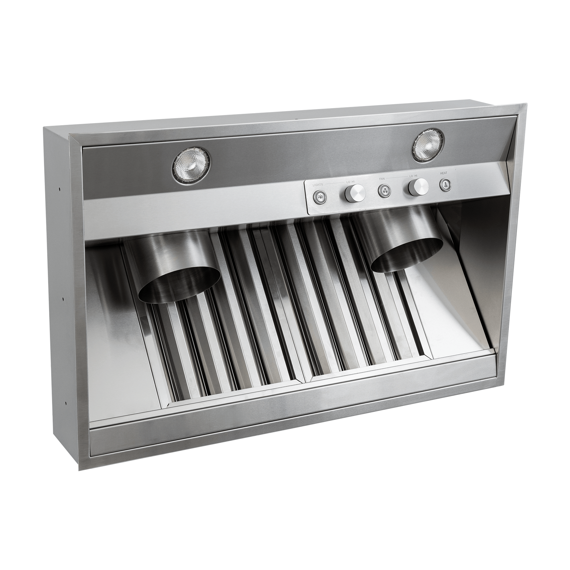 ProlineRangeHoods.com PLGL PROV Outdoor Range Hood Insert (28"–58", 430/304 SS), buttons, lights, angled vents for BBQ.