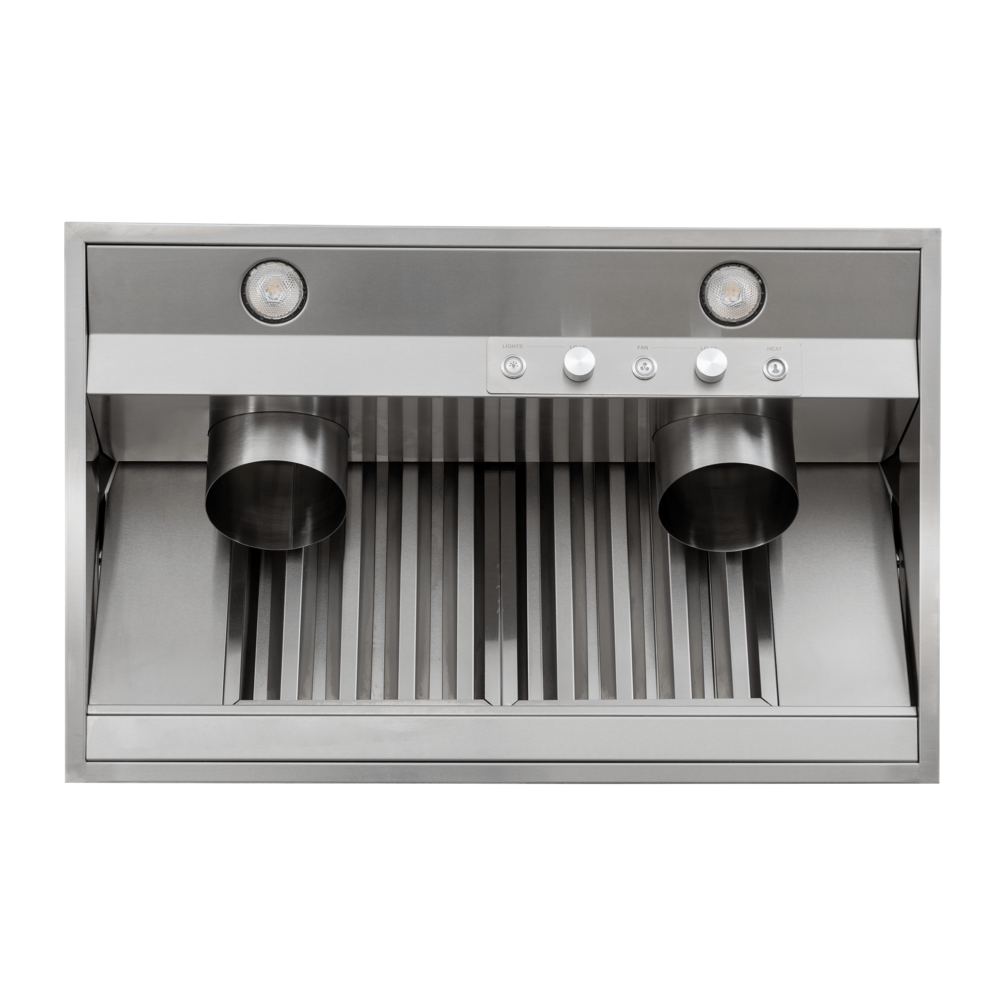 PLGL PROV Outdoor Range Hood Insert, 28"–58", 430/304 SS, dual vents, controls, lights—see ProlineRangeHoods.com.
