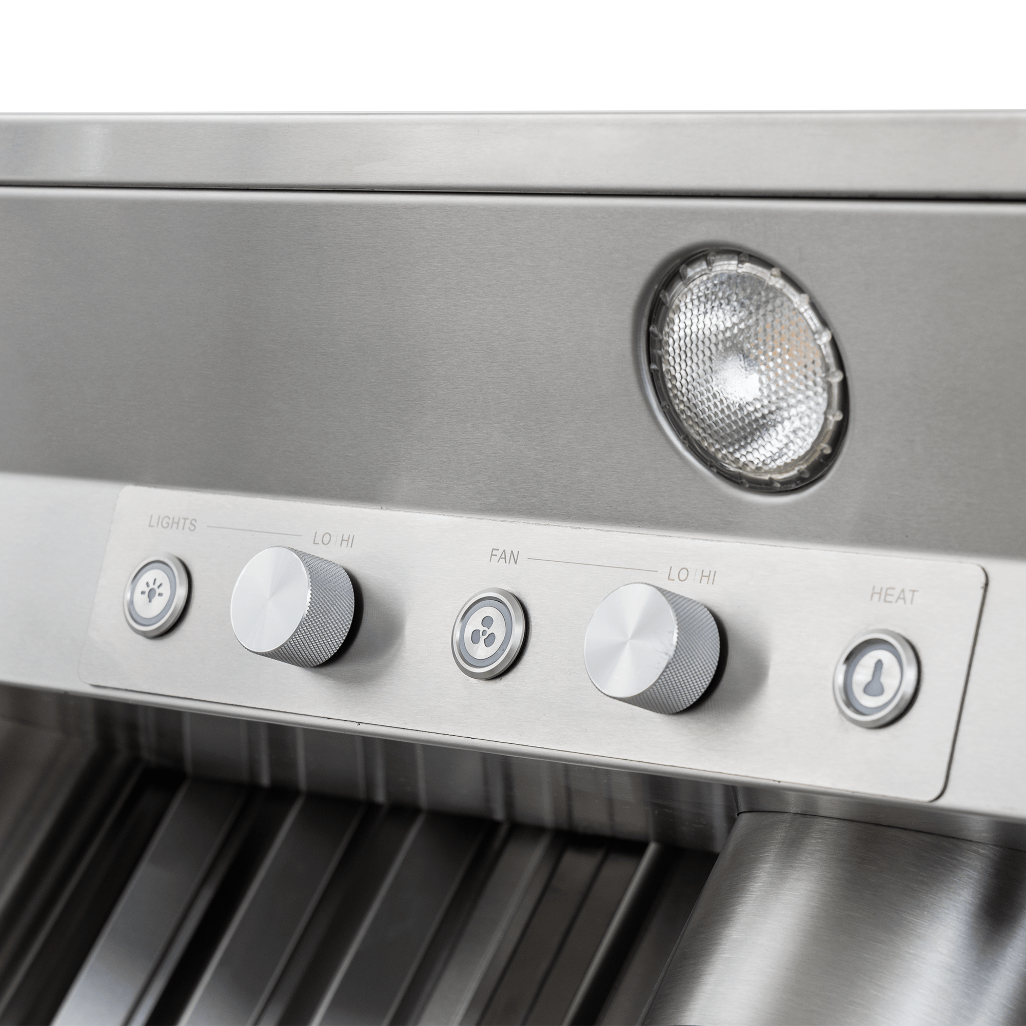 ProlineRangeHoods.com close-up: PLGL PROV Outdoor Range Hood control panel with knobs, buttons, built-in light.