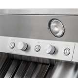 ProlineRangeHoods.com close-up: PLGL PROV Outdoor Range Hood control panel with knobs, buttons, built-in light.