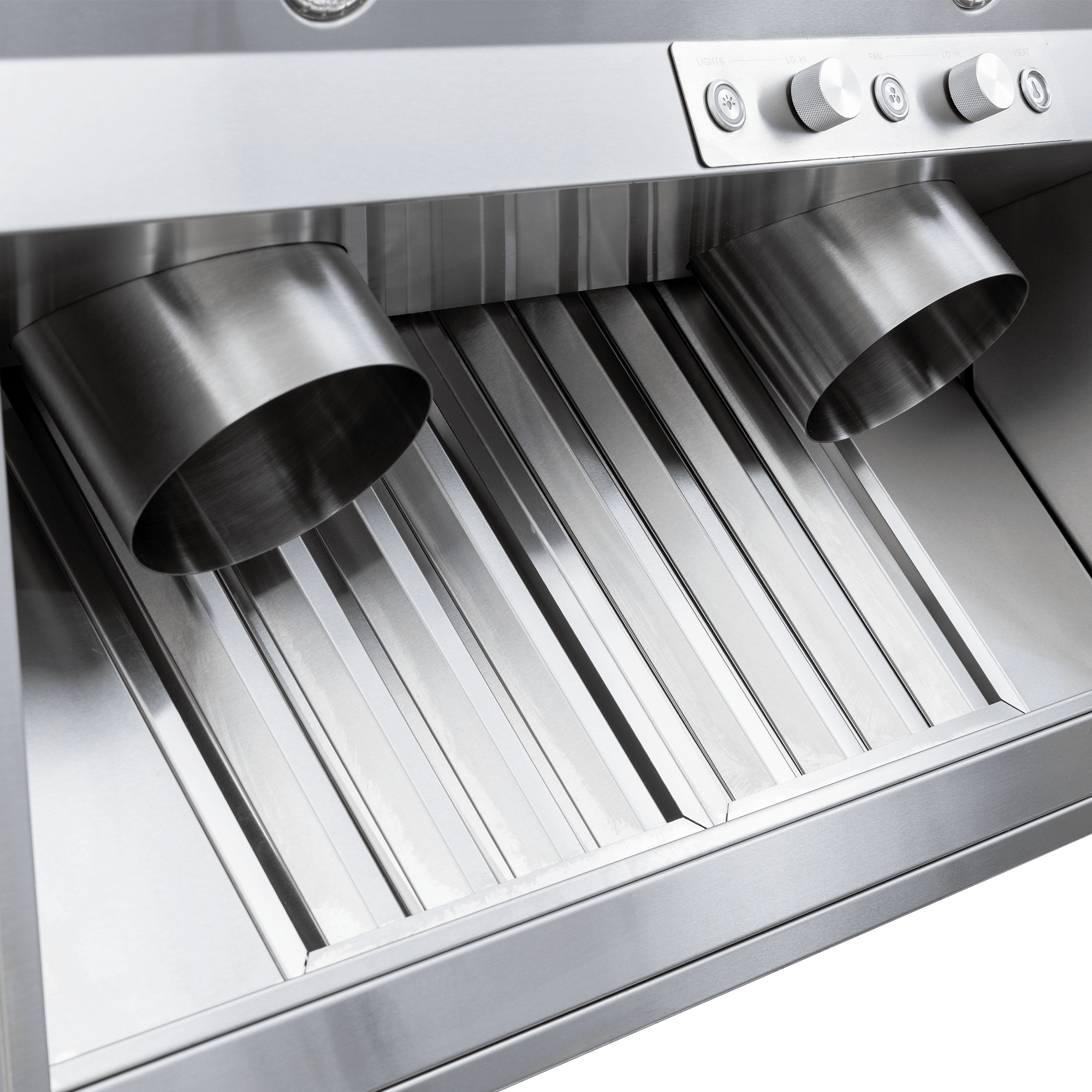 Close-up of Proline Range Hoods PLGL PROV Insert, ridged filter & vent pipes. See more at ProlineRangeHoods.com.