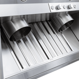 Close-up of Proline Range Hoods PLGL PROV Insert, ridged filter & vent pipes. See more at ProlineRangeHoods.com.