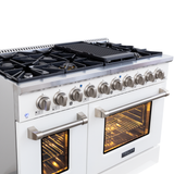 Proline PLSR 48GG: glossy white, 48" all-gas range with 8 burners, griddle, dual ovens—at ProlineRangeHoods.com.