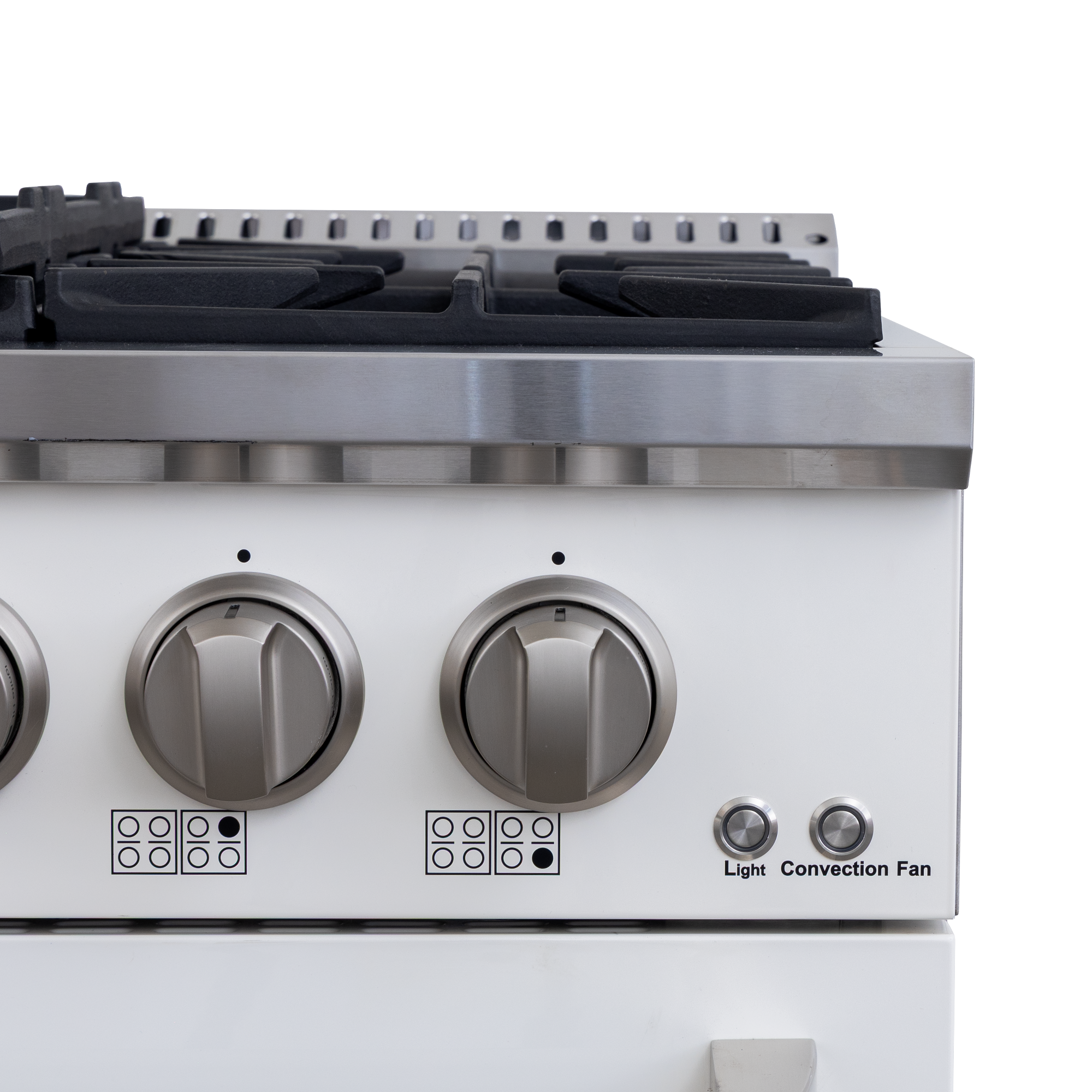 Proline PLSR 48GG 48" glossy white range with 8 burners, dual ovens, griddle, controls; ProlineRangeHoods.com.