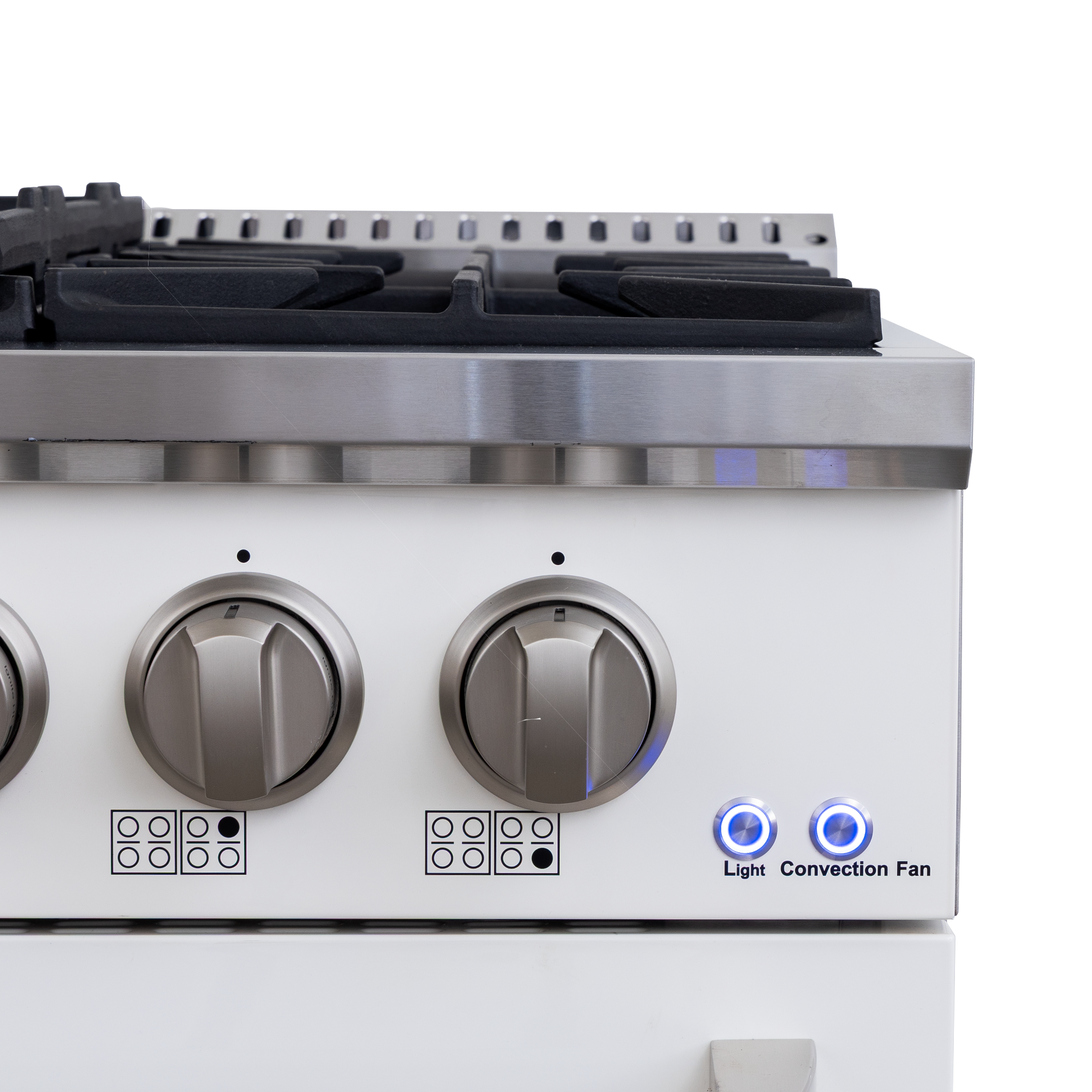 Close-up of Proline PLSR 48GG 48" All-Gas Range in white, three knobs, two indicator lights; ProlineRangeHoods.com.