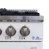 Close-up of Proline PLSR 48GG 48" All-Gas Range in white, three knobs, two indicator lights; ProlineRangeHoods.com.