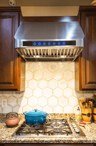 Customer kitchen with the Proline PLJW 101 - Ducted Under-Cabinet Range Hood, 1000/2000 CFM | Stainless Steel Finish