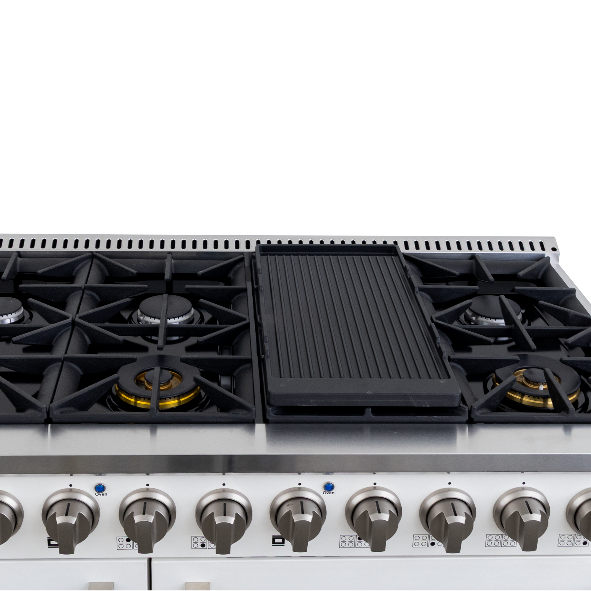 Proline PLSR 48GG 48" all-gas range in glossy white, eight burners, dual ovens, griddle—front view. ProlineRangeHoods.com.