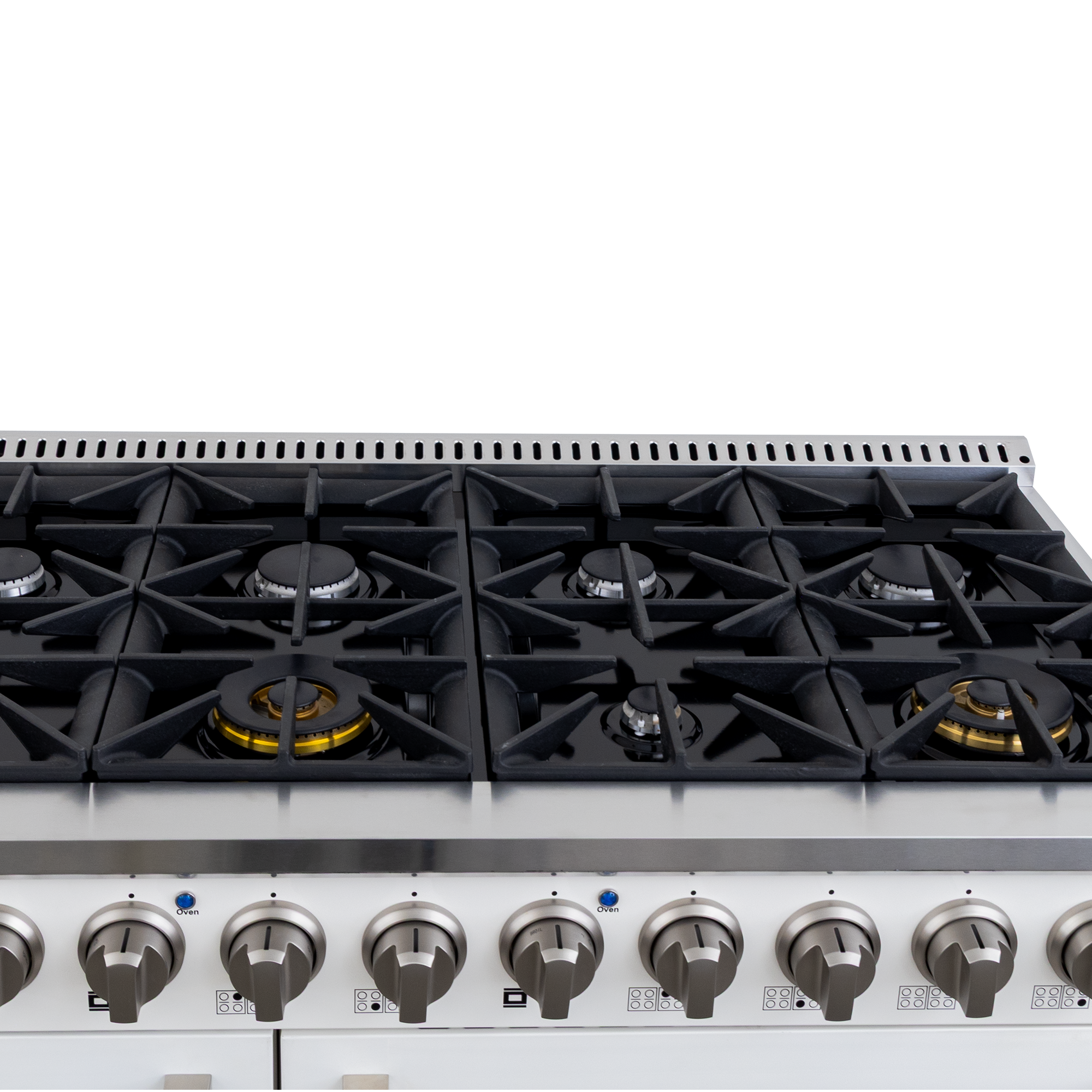 Proline PLSR 48GG: 48" white gas range, 8 burners, griddle, dual ovens, pro knobs. ProlineRangeHoods.com.