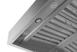ProlineRangeHoods.com: Close-up of Proline Range Hoods' Island Hood, 304 stainless steel, 2000 CFM, baffle filters, LED lights.