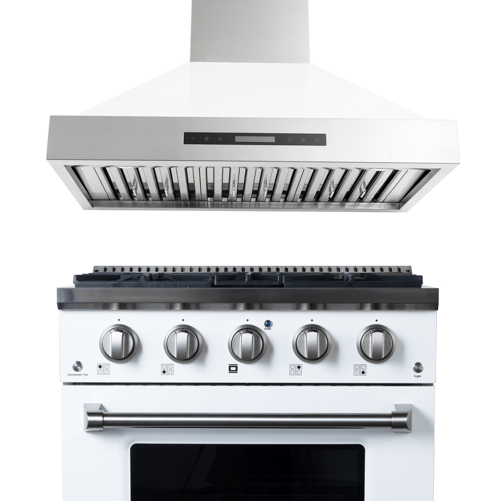 Proline PLSR 30" Range & PLSW King Air Hood in Glossy White, save 10% bundle at ProlineRangeHoods.com on white background.
