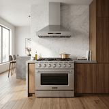 Contemporary kitchen with Proline PLSR 36" Range & PLSW Hood, marble backsplash, wood cabinets. ProlineRangeHoods.com.