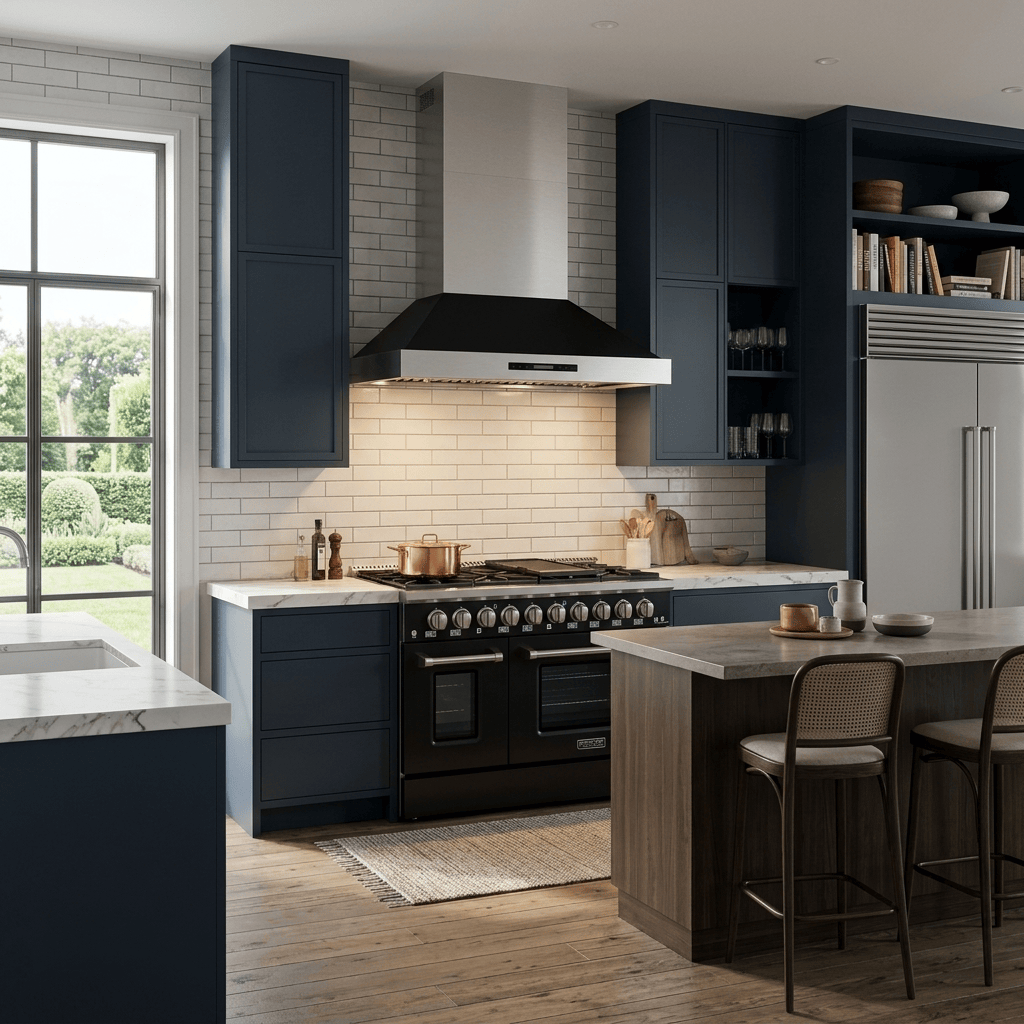 Modern kitchen with navy cabinets, island seating, sunlight, and ProlineRangeHoods.com 48" PLSR Range & Matte Black Hood.