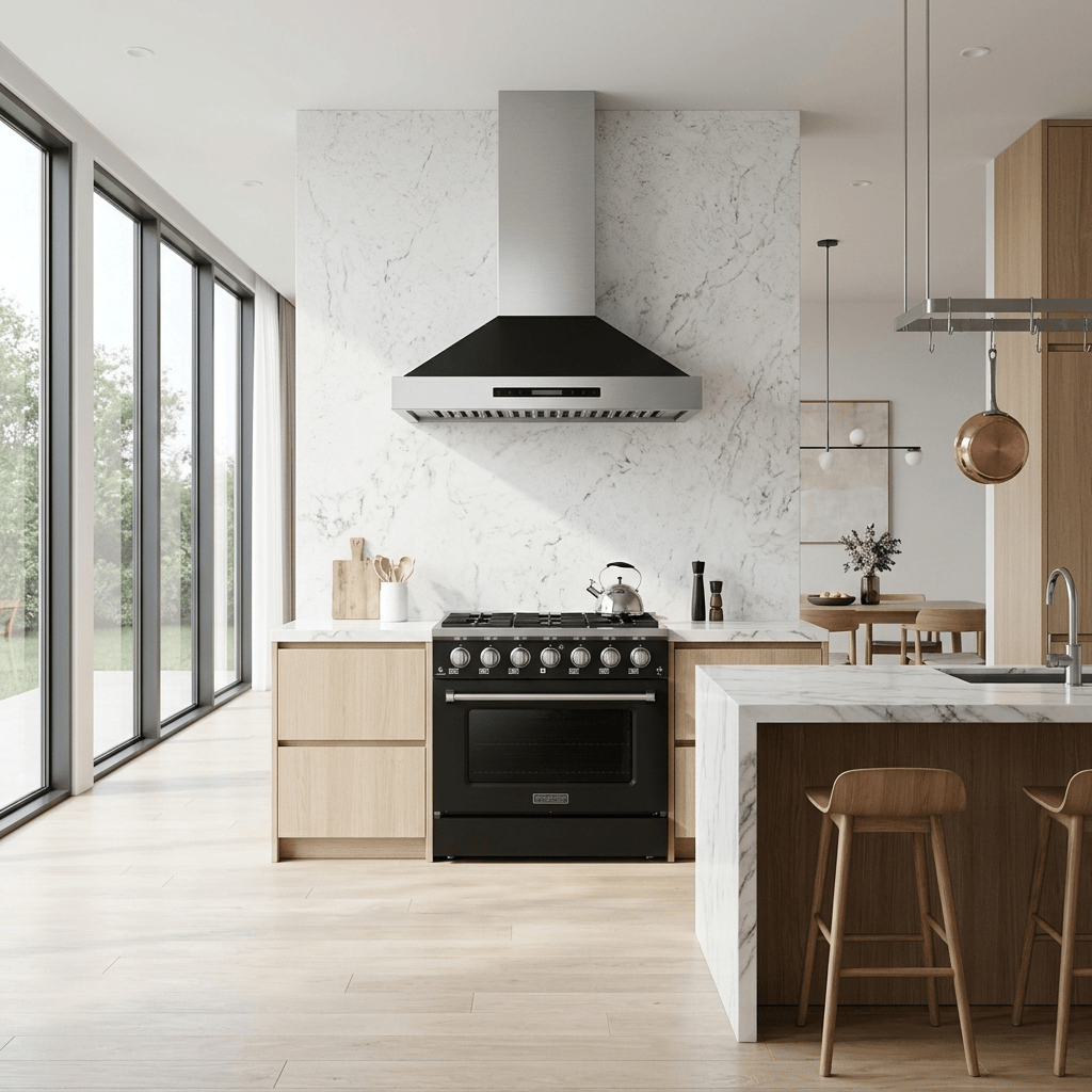 Modern kitchen with ProlineRangeHoods.com PLSR 36" Range, King Air Hood, marble backsplash, black cabinets, big windows.