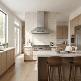 Modern kitchen with wood cabinets, Proline PLST 36" range, King Air Hood bundle, stools, cookbook. ProlineRangeHoods.com.