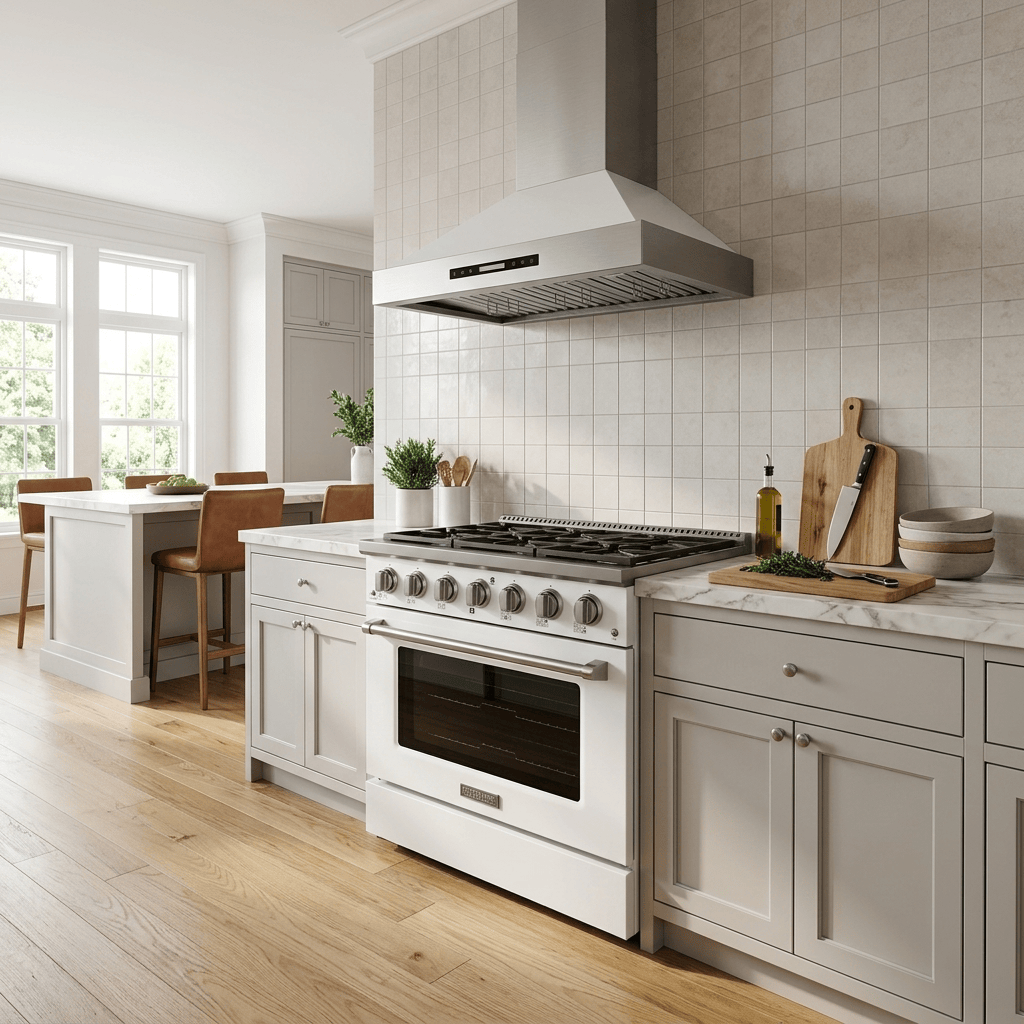 Modern kitchen with Proline’s 36" glossy white range, hood, marble counters, wood floors. Save 10% at ProlineRangeHoods.com.