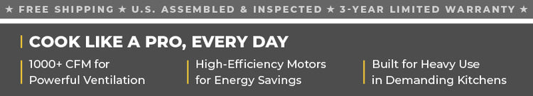 ProlineRangeHoods.com banner: free shipping, 3-year warranty, high-efficiency, and powerful airflow kitchen ventilation.
