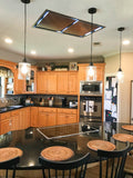 A contemporary kitchen is enhanced by the Ceiling Flush Range Hood by ProlineRangeHoods.com with dual motors and 1200 CFM.