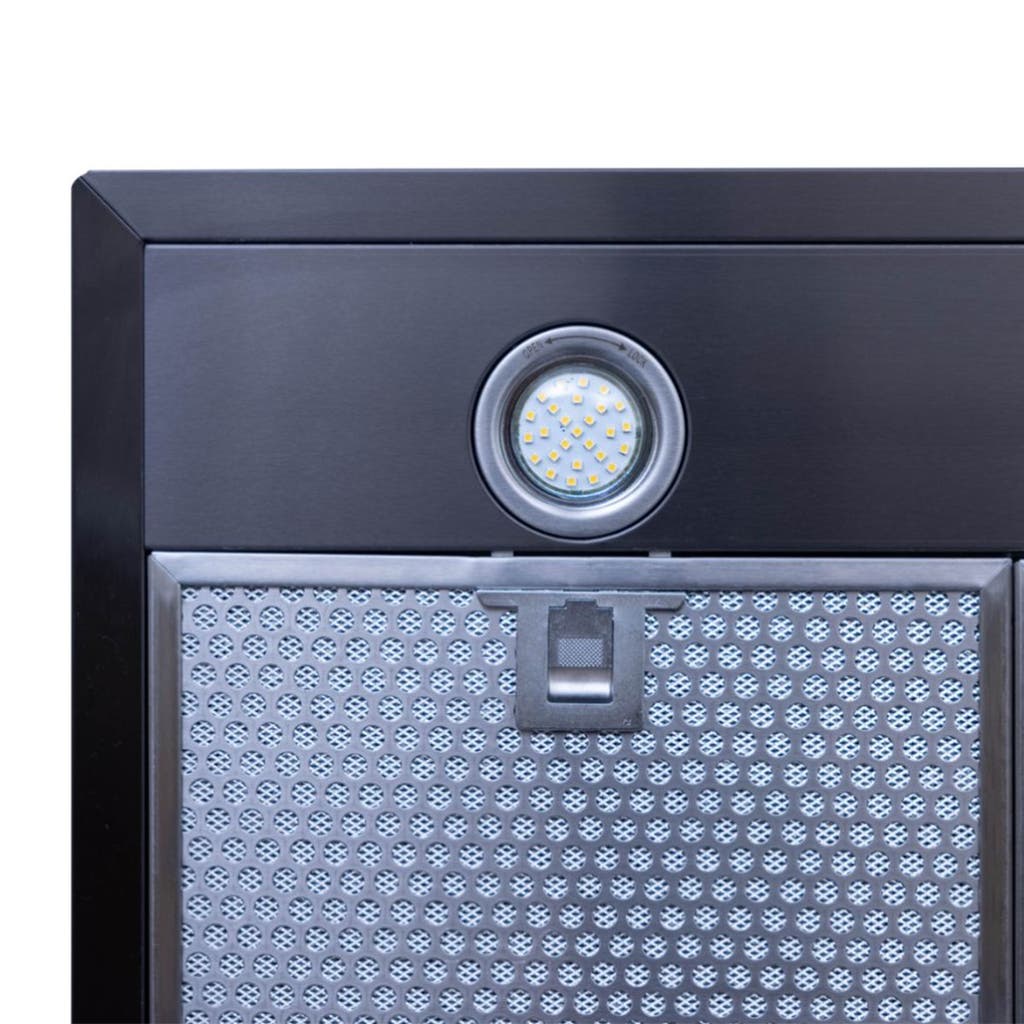 ProlineRangeHoods.com: Close-up of the Proline PLFW 520 wall-mounted range hood, with LED light, grilles, 600/1200 CFM. PLFW 520.24BL PLFW 520.30BL PLFW 520.36BL