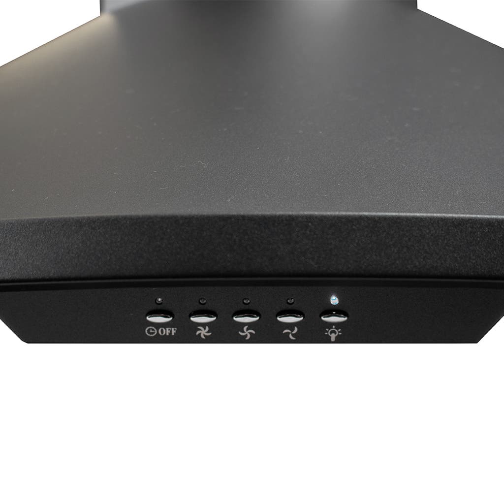 Sleek appliance from ProlineRangeHoods.com with power, fan speed, and light controls; 600 CFM ducted black hood.