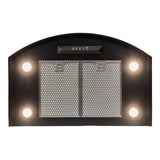 The Proline Vector Wall Mounted Range Hood from ProlineRangeHoods.com, in sleek black, has a single motor with ducted exclusive config—equipped with 4 lights and 2 metal mesh filters.