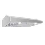 A Proline Range Hoods Proline PLJW 185 Slim under-cabinet range hood from ProlineRangeHoods.com, ducted, 600 CFM, stainless steel, 30-36 inches.