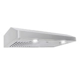 A Proline Range Hoods Proline PLJW 185 Slim under-cabinet range hood from ProlineRangeHoods.com, ducted, 600 CFM, stainless steel, 30-36 inches.