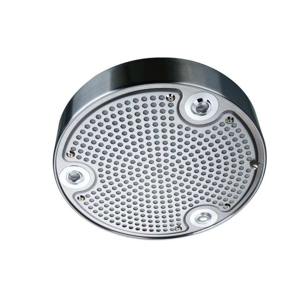 A sleek round metal showerhead with a finish like ProlineRangeHoods.com's PLSI 570, set against a pristine white background.