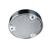 A sleek round metal showerhead with a finish like ProlineRangeHoods.com's PLSI 570, set against a pristine white background.