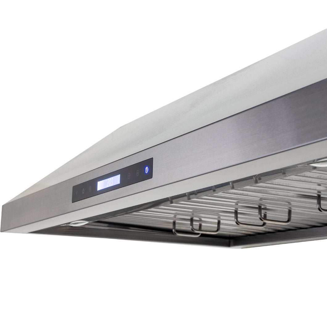 Close-up of the PLSW 116 under-cabinet range hood from ProlineRangeHoods.com, showcasing its modern stainless steel design.