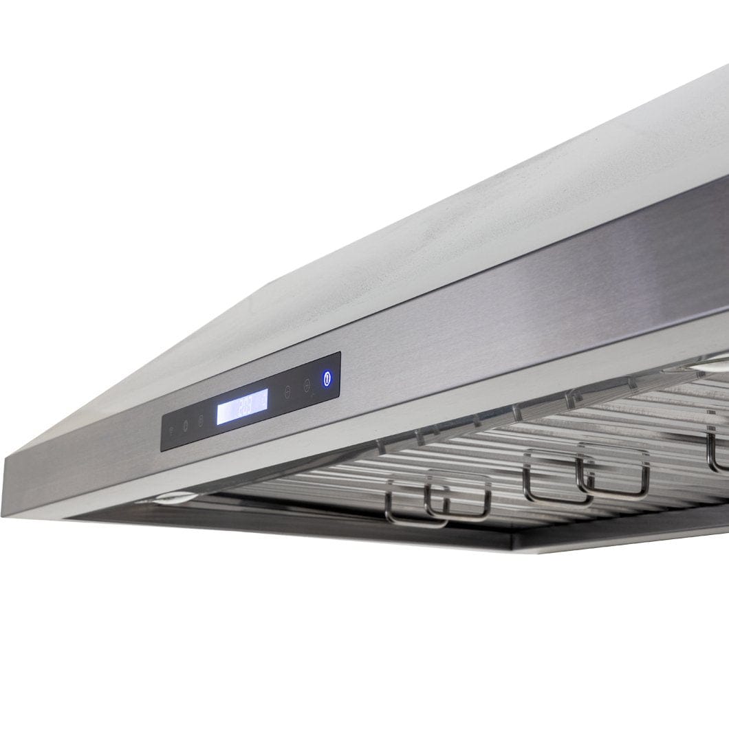 Close-up of the PLSW 116 under-cabinet range hood from ProlineRangeHoods.com, showcasing its modern stainless steel design.