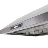 Close-up of the PLSW 116 under-cabinet range hood from ProlineRangeHoods.com, showcasing its modern stainless steel design.