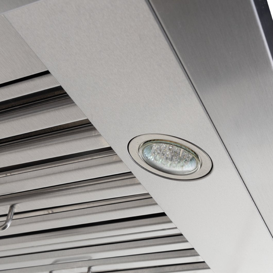 Close-up of ProlineRangeHoods.com's PLSW 116 Under-Cabinet Range Hood, featuring a modern 2025 design & circular lighting.