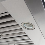 Close-up of ProlineRangeHoods.com's PLSW 116 Under-Cabinet Range Hood, featuring a modern 2025 design & circular lighting.
