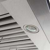 Close-up of ProlineRangeHoods.com's PLSW 116 Under-Cabinet Range Hood, featuring a modern 2025 design & circular lighting.