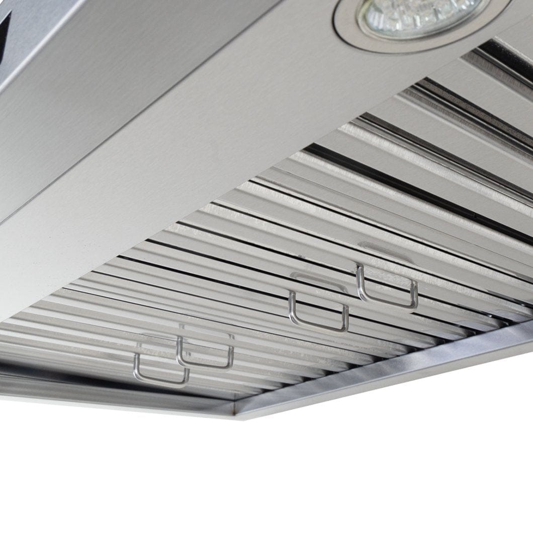 Close-up of the ProlineRangeHoods.com PLSW 116 under-cabinet hood, featuring a new 2025 design with lights and 600 CFM.