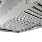 Close-up of the ProlineRangeHoods.com PLSW 116 under-cabinet hood, featuring a new 2025 design with lights and 600 CFM.