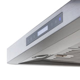 Close-up of the PLSW 185 Under-Cabinet Range Hood by ProlineRangeHoods.com, showcasing its stainless steel finish, digital controls, and LED display panel.