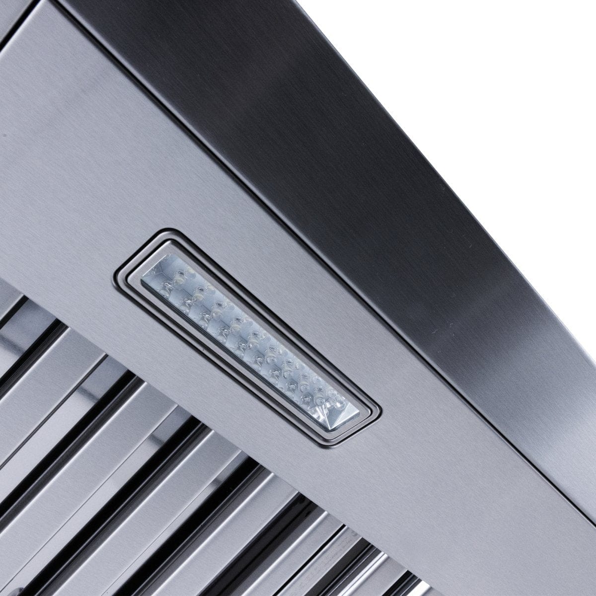 ProlineRangeHoods.com Close-up of the PLSW 755FSCU, a stainless steel wall mount range hood featuring LED lights and digital controls.