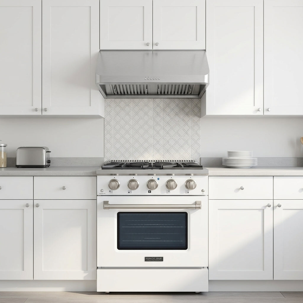 Glossy white kitchen with Proline PLSR 30GG all-gas range, stainless hood, toaster, plates, and ProlineRangeHoods.com.