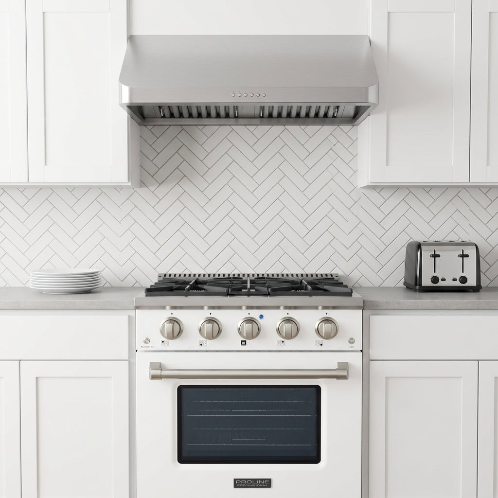 Modern white kitchen with Proline PLSR 30GE range, gas cooktop, stacked plates; by ProlineRangeHoods.com.