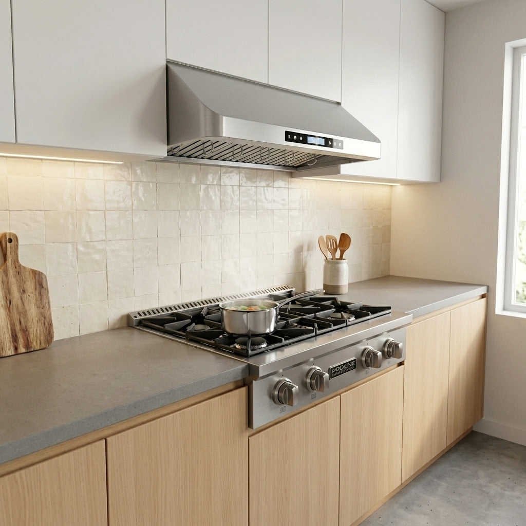 Modern kitchen with light wood cabinets, Proline PLST Gas Cooktop, stainless finish