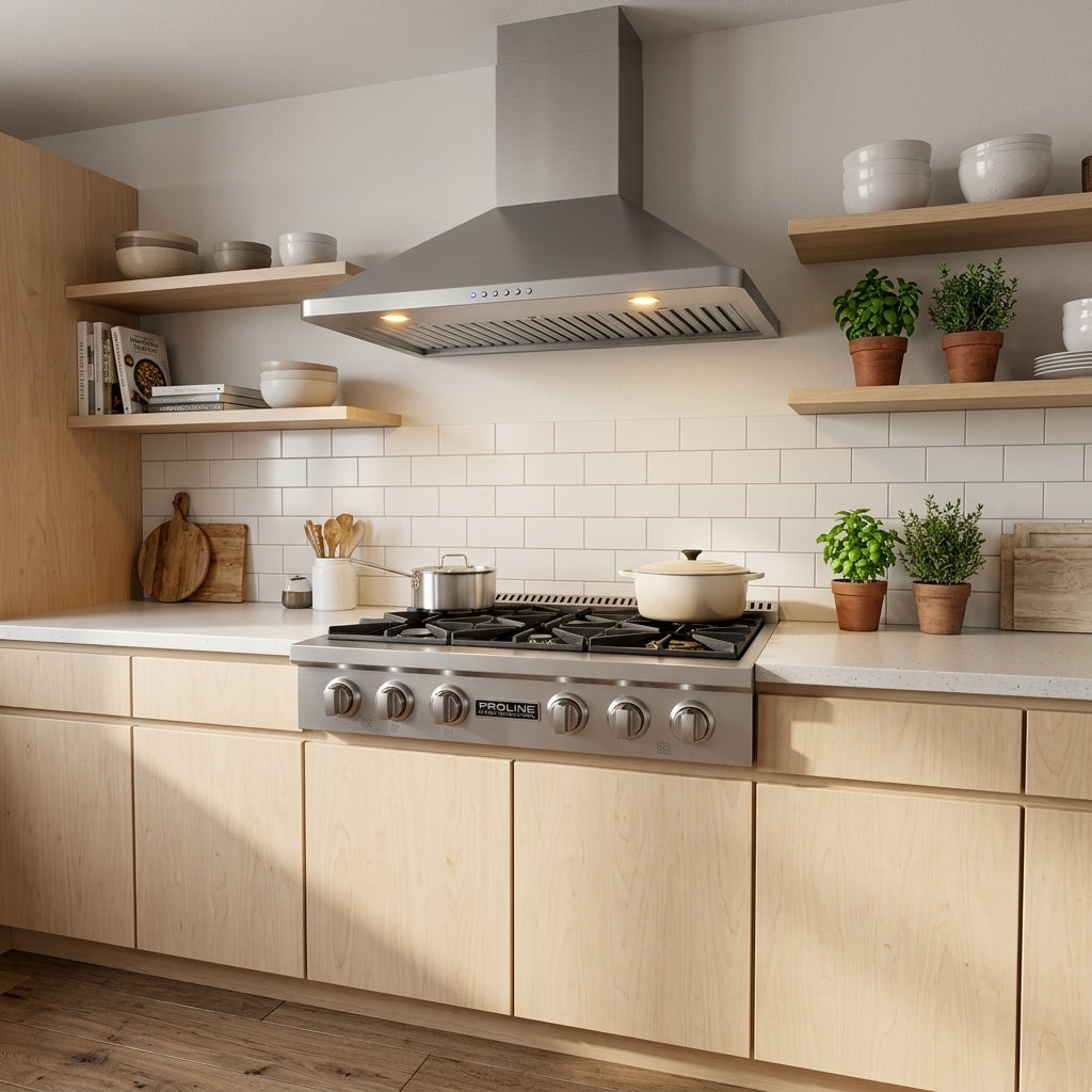 Modern kitchen with wood cabinets, Proline PLST Gas Cooktop, 15,000 BTUs. ProlineRangeHoods.com.