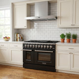 Modern kitchen with white cabinets, potted herbs, fruit bowl, Proline PLSR 48GE range. ProlineRangeHoods.com.