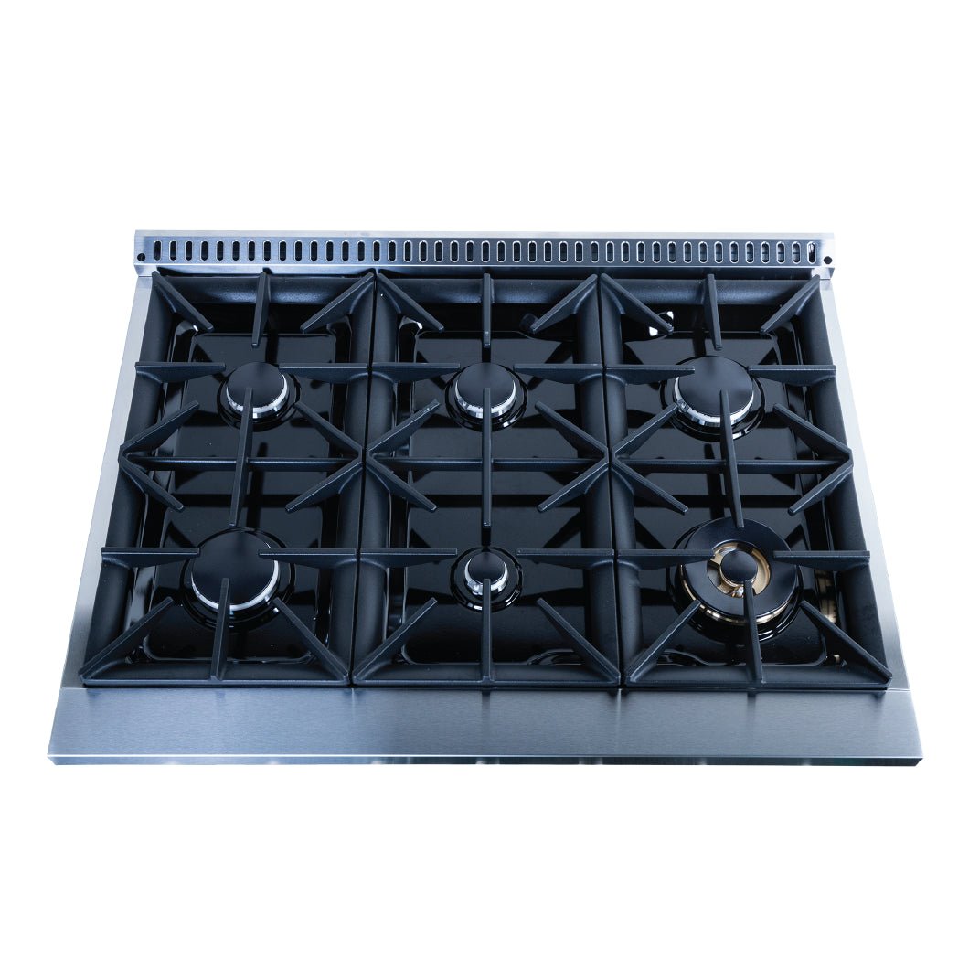 Top view of the Proline Range Hoods Dual Fuel Kitchen Range at ProlineRangeHoods.com, featuring six 15,000 BTU burners.