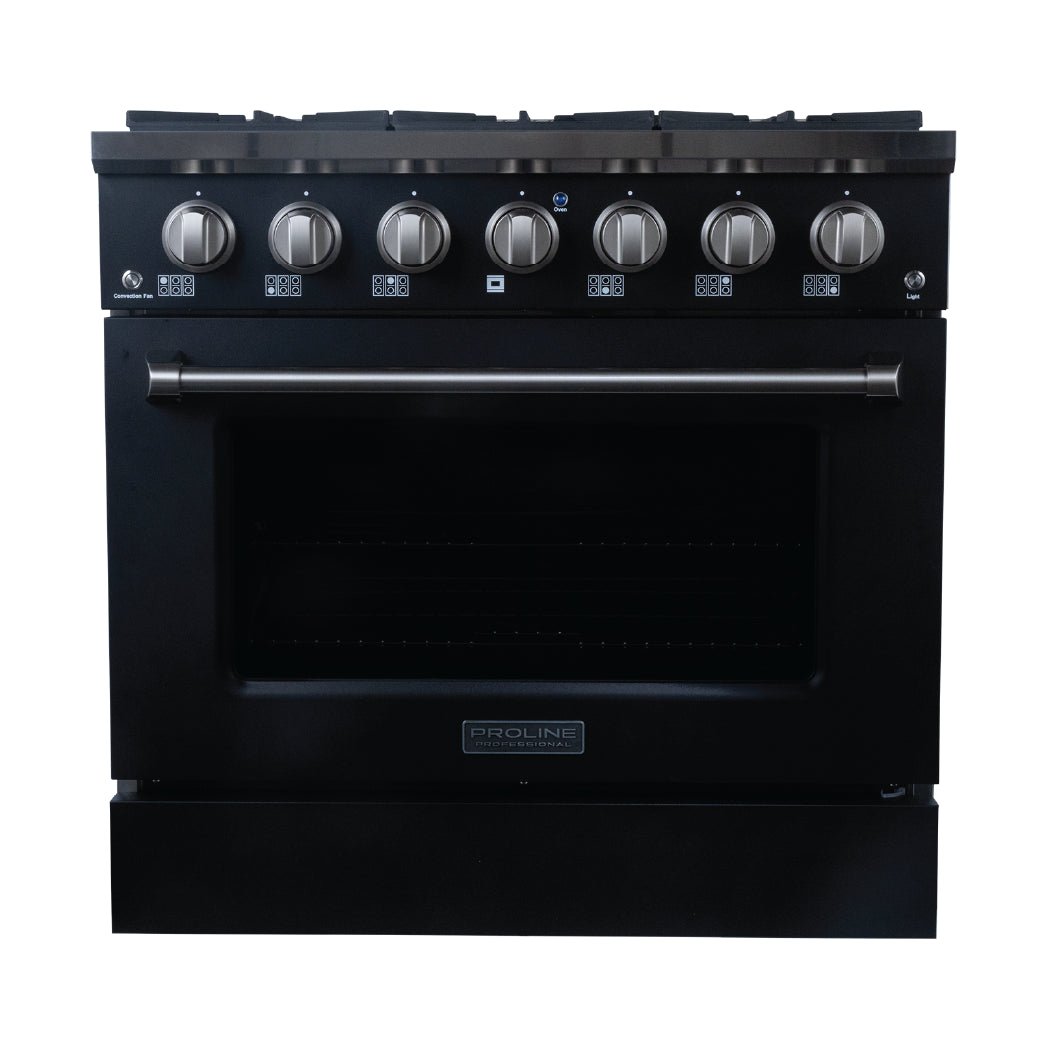 The Matte Black Dual Fuel Kitchen Range from ProlineRangeHoods.com boasts six 15,000 BTU burners and a roomy oven.
