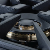 Close-up of the ProlineRangeHoods.com Dual Fuel Kitchen Range in stainless steel, featuring 15,000 BTU burners with grates.