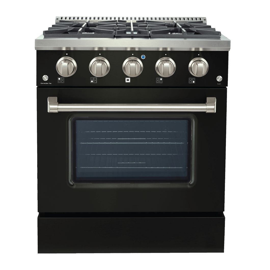 Matte black Dual Fuel Kitchen Range by ProlineRangeHoods.com with 15,000 BTU burners and a spacious electric oven.