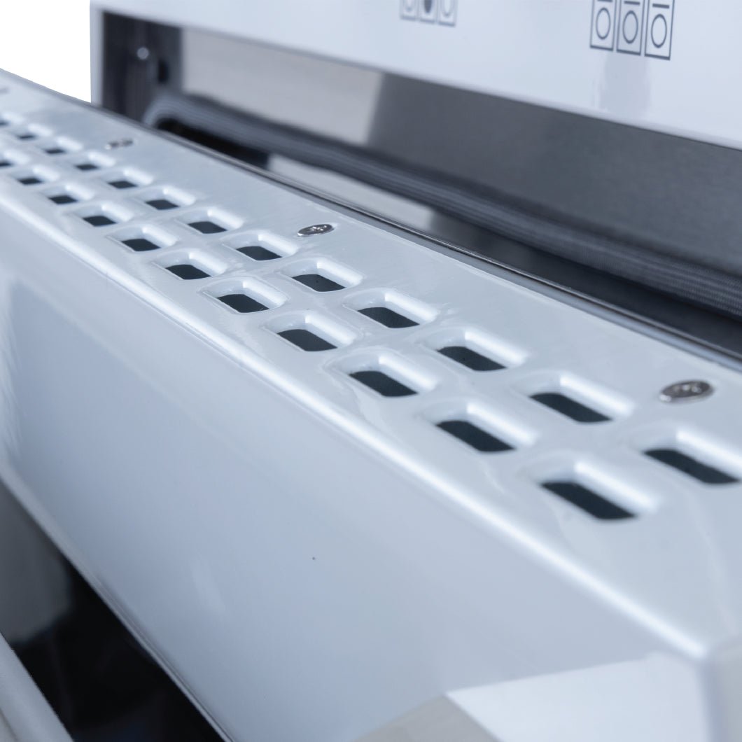 Check out ProlineRangeHoods.com: A close-up of a white Dual Fuel Kitchen Range highlights its vents, screws, and versatility.